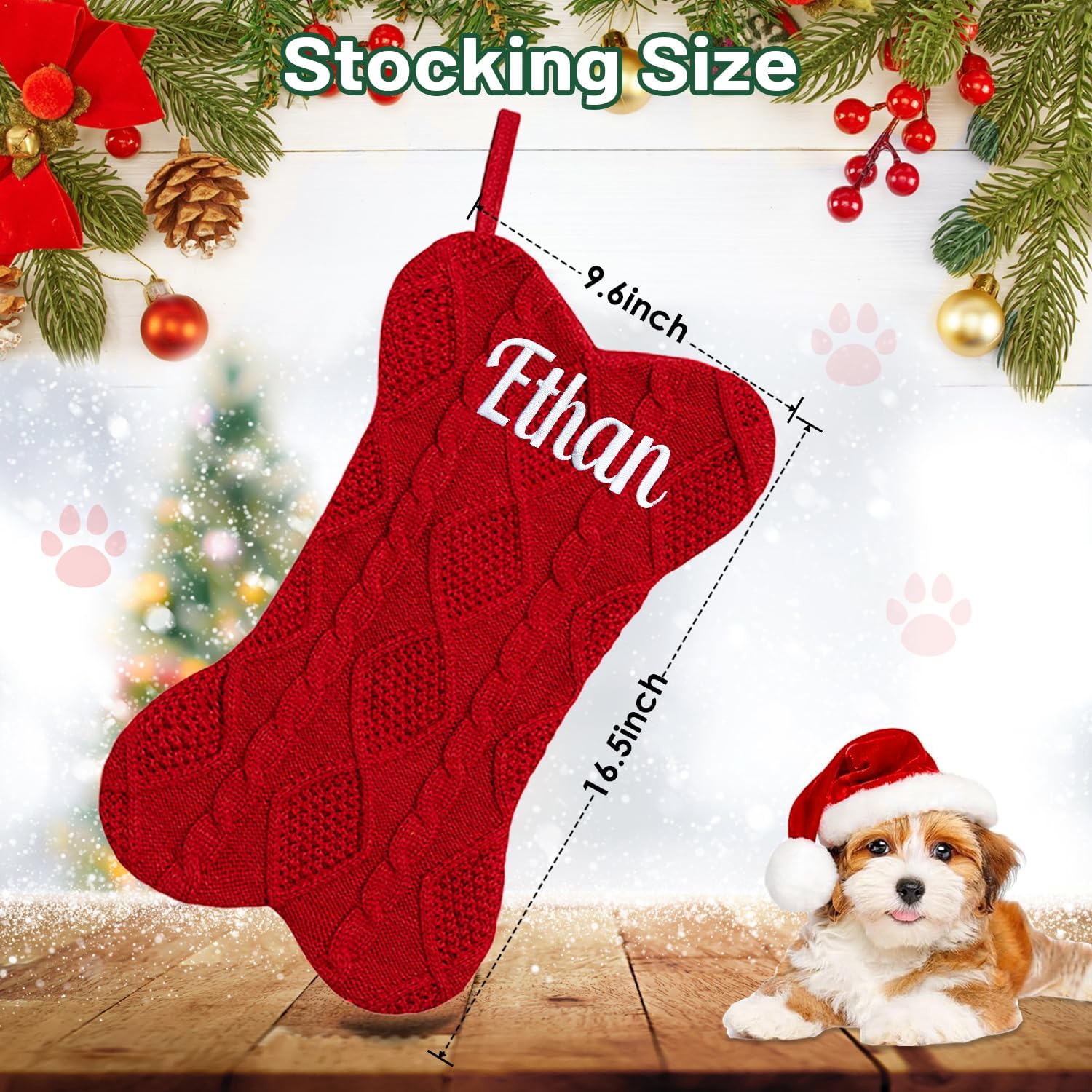 Personalized Dog Christmas Stocking, Custom Bone Shaped Knitted Christmas Stocking, Large Pet Hanging Christmas Stocking(1 Pack)