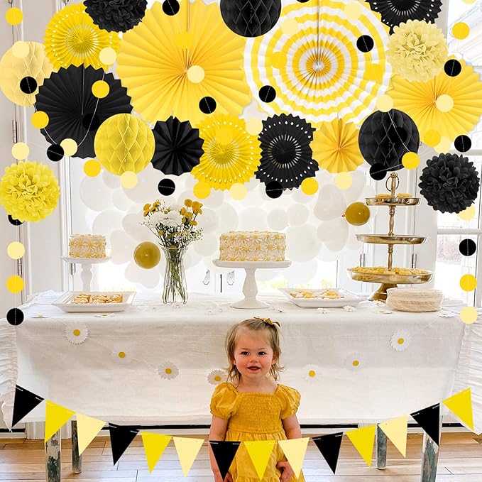 Black and Yellow Party Decorations, 23Pcs Hanging Paper Fans Birthday Decorations with Black Pom Poms Flowers for Boy Birthday, Bridal Shower, Baby Showers, Wedding