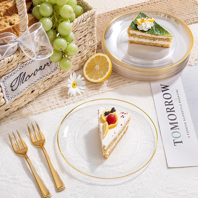 Festiva 200Pcs Clear Plastic Dessert Plates Disposable 6.3" with Plastic Forks 5" - Small Clear Plates-Dessert/Cake/Appetizer Plates for Thanksgiving/Christmas Party & Wedding - Serve for 100Guests