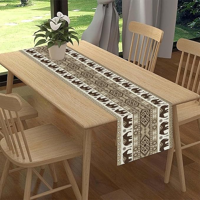 Ethnic Table Runner, Rustic Farmhouse Boho Indian Bohemian Elephant Aztec Tribal Print Beige Table Center Decor for Home Kitchen Dining Patio Holiday Party Indoor Table Decorations, 13"x72" Inch