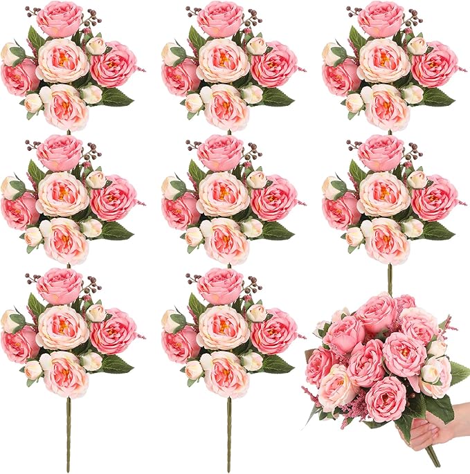 8 Bundles Artificial Peonies Flowers Boho Faux Flowers Arrangements Artificial Centerpiece Spring Bouquet Floral Wedding Decoration for Vase(Pink Color)