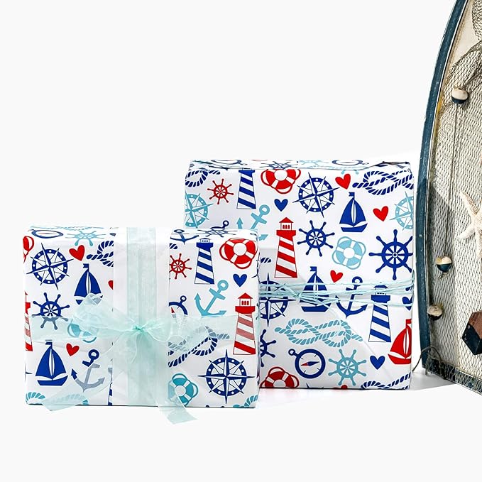 WRAPAHOLIC Nautical Anchors Wrapping Paper Roll - 17 Inch x 33 Feet - Nautical Element Anchor Design Perfect for Birthday, Nautical Beach Decoration, Baby Shower