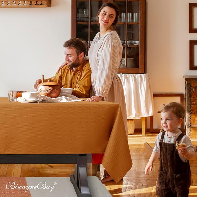 Biscaynebay Fall Tablecloth Textured Fabric 70x120 Inch Rectangular, Bronze Thanksgiving Autumn Harvest Water Resistant Fabric Tablecloths for Kitchen, Dining, Wedding, Parties Machine Washable