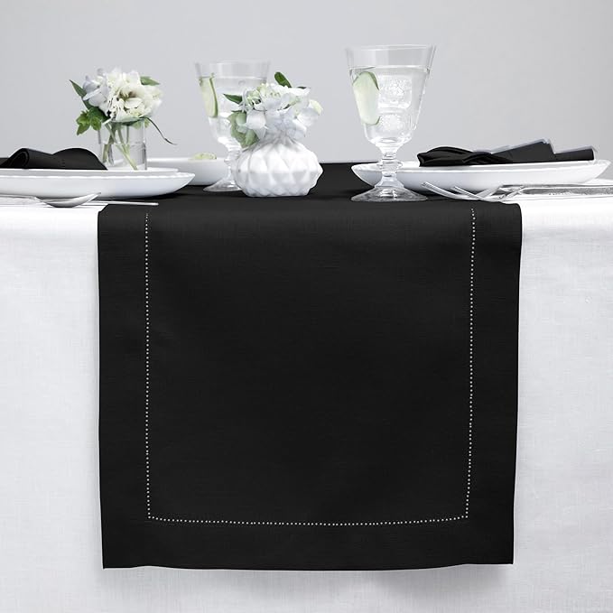 Solino Home Linen Black Table Runner 156 Inches Long - 100% Pure Linen Extra Long Table Runner 14 x 156 Inch for Fall, Autumn, Halloween - Classic Hemstitch