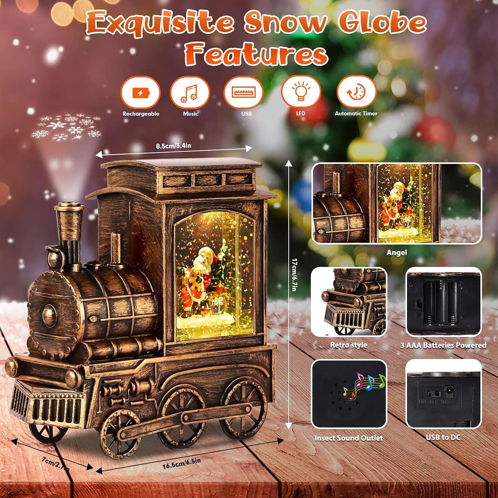FUSPWEAO Vintage Musical Christmas Snow Globe Lantern with Snowflake Projection, Lighted Christmas Train Snow Globe with Santa, Water Swirling Glitter and 6H Timer, Xmas Gift