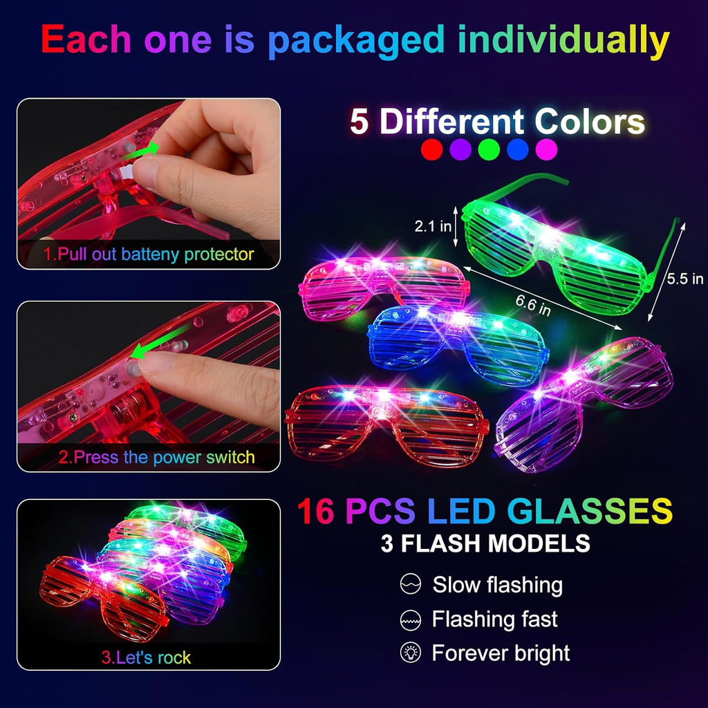 OLUPP 150 PCS Glow in the Dark Party Supplies, 16 Foam Sticks, 16 LED Glasses, 100 Glow Sticks and 18 Finger Lights for Neon Party, 4th of July, Wedding, Birthday, Concert, New Year, Carnivals, Raves