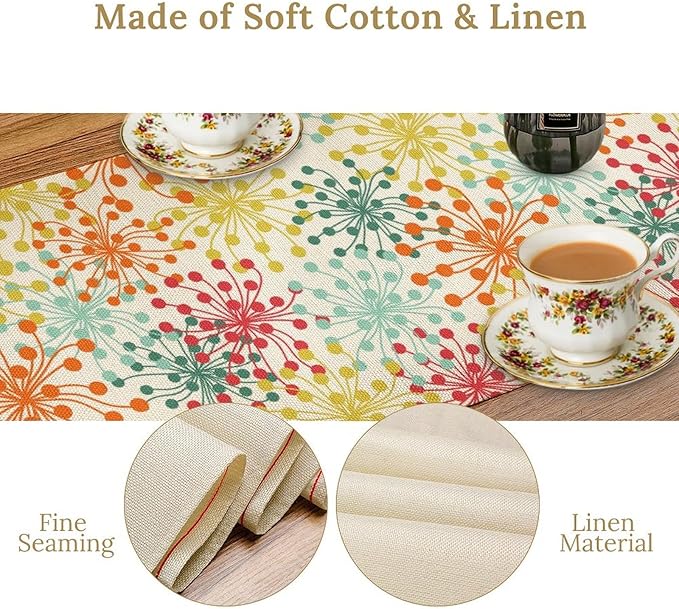 Mid Century Flower Table Runner, Colorful Geometric Abstract Chrysanthemum Vintage Farmhouse Decorations Orange Yellow Gray Table Runner for Kitchen Dining Holiday Party Decor, 13x36 Inch