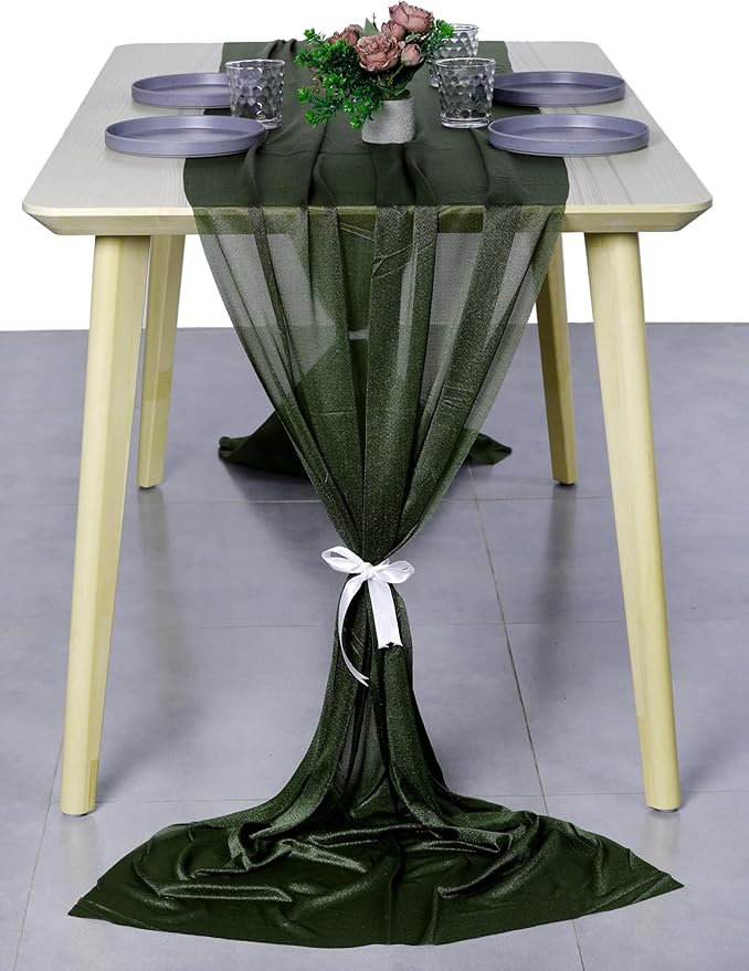 MDS Halloween Chiffon Table Runner - 20 Pack, 29 x 170 Inches, 14ft Each - Sheer Spooky Table Runners for Haunted House Parties, Trick-or-Treat Tables, Witchy Décor, Wedding & Events - Olive Green