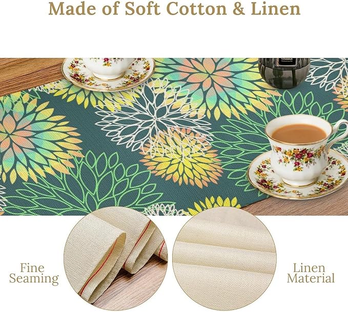 Green Dahlia Flower Table Runner, Linen Geometric Pattern Floral Table Decor Spring Farmhouse Decorations for Kitchen Dining Holiday Party Decor, 13x70 Inch