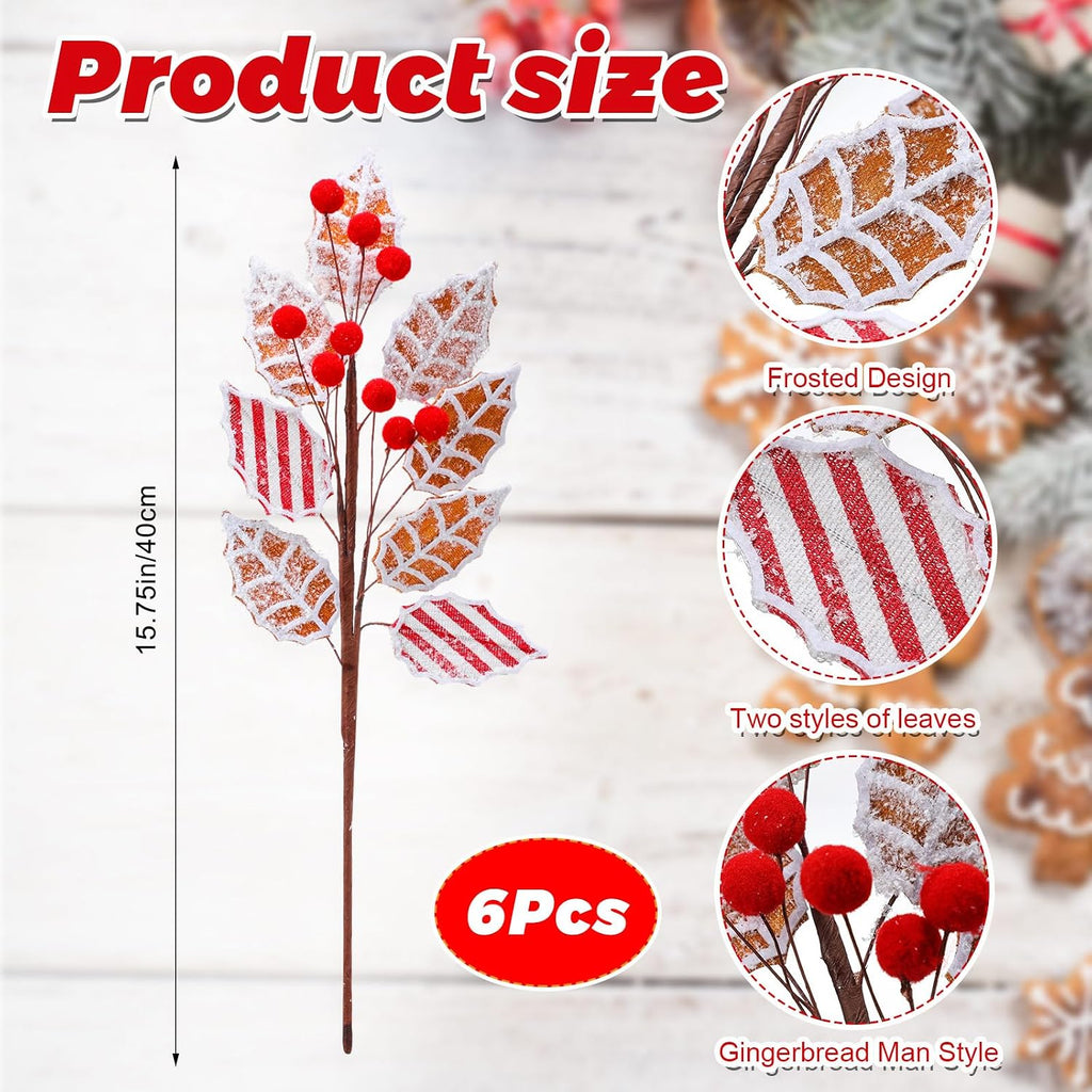 Sosation 6 Pcs 17 Inch Gingerbread Christmas Decorations Gingerbread Tree Topper Picks and Leaf Spray with Red Berries Brown Christmas Tree Picks with Snowflakes for Holiday Wreath Decor Topper Home