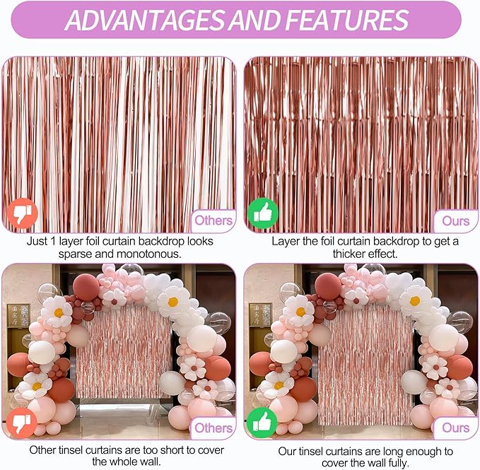 Crosize 4 Pack 3.3 x 9.9 ft Rose Gold Foil Fringe Backdrop Curtain, Streamer Backdrop Curtains, Streamers Birthday Party Decorations, Tinsel Curtain for Parties, Photo Booth Backdrops, Party Décor
