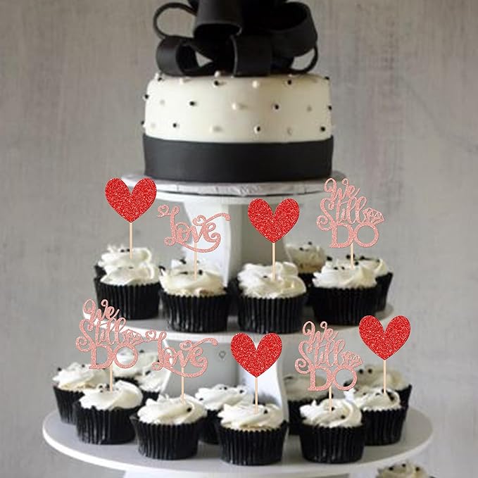 24 PCS We Still Do Cupcake Toppers Glitter Love Heart Bridal Shower Cupcake Picks for Wedding Engagement Bridal Shower Theme Party Cake Decorations Supplies Rose Gold