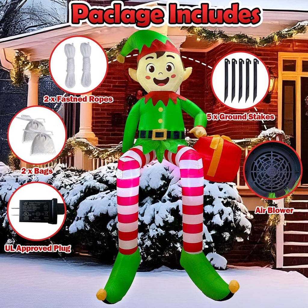 8 ft christmas inflatable outdoor decorations, sitting elf, close-up detail