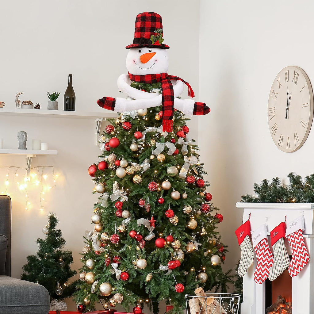 Christmas Snowman Tree Topper Unique Christmas Decoration Large Plush Funny Christmas Tree Topper with Buffalo Plaid Hat Scarf Treetop Hugger Ornament for Home Holiday Winter Party Xmas Decor
