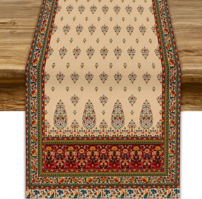 Boho Paisley Table Runner, Vintage Western Brown Dark Red Beige Flowers Leaves Print Table Runner for Kitchen Dining Table Wedding Holiday Party Decor, 13x120inch