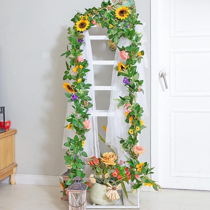 Naidiler Artificial Flower Garland, Sunflower & Rose Vines, Boho Wedding & Birthday Decor, 6ft Straight, Pink & Yellow, Fabric & Plastic