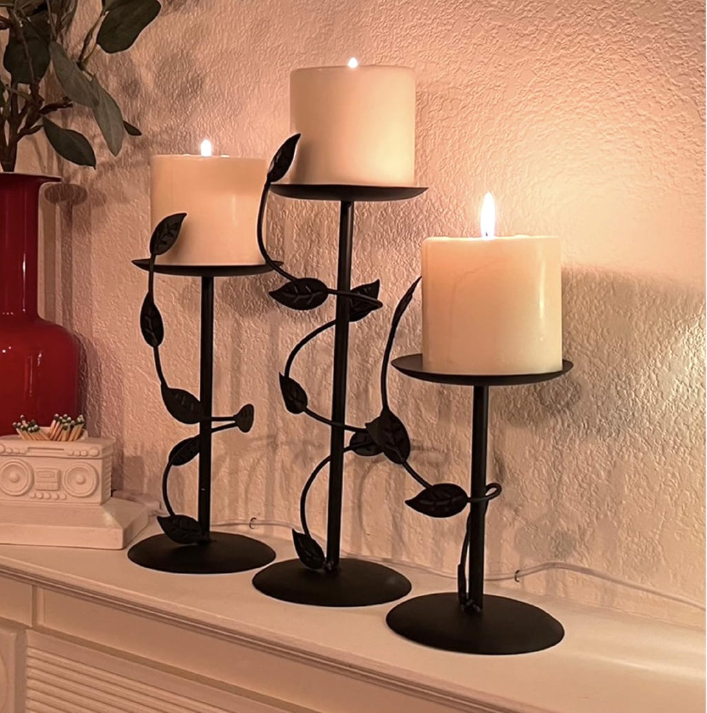Lily’s Home Art Deco Climbing Vine Pillar Candle Holders, Steel, Black, Set of Three. Candles NOT Included