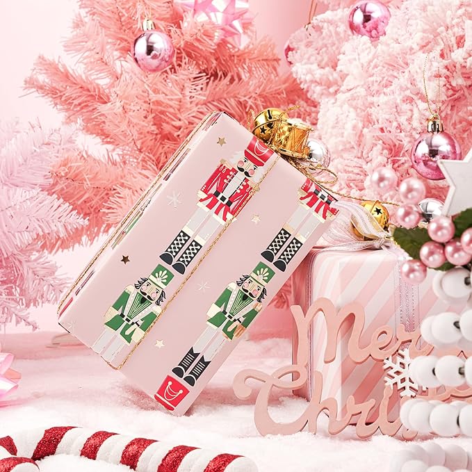 LeZakaa Christmas Pink Wrapping Paper Mini Roll for Kids, Pink Metallic Foil Gift Wrap Paper with Red & Green Nutcracker Soldier & Stripe Reversible Design, 17 inches x 32.8 Feet