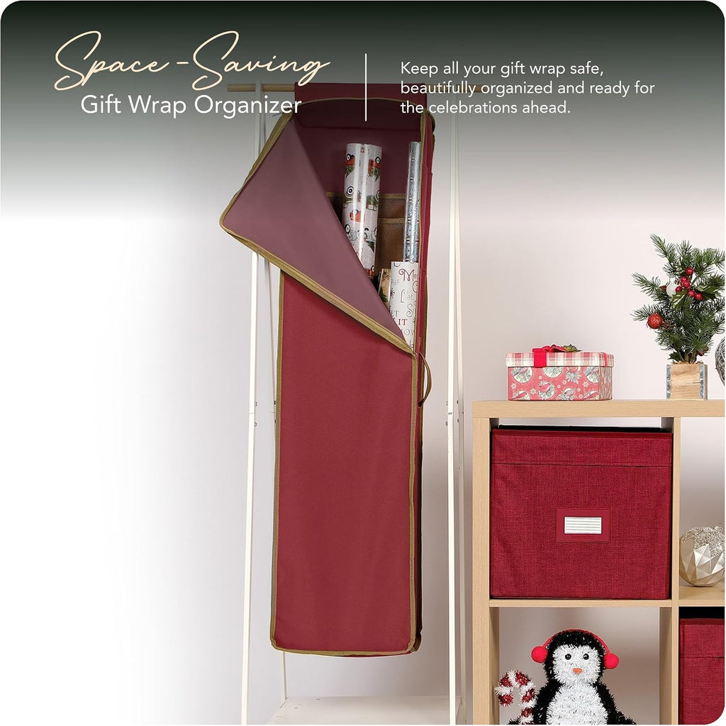 Covermates Keepsakes Hanging Gift Wrap Storage Bag - Holds up to 20 Rolls - Interior Pockets for Accessories - Holiday Storage, Red