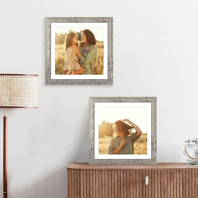 12x12 Picture Frame Set of 4 with Tempered Glass, Display 10x10 Picture with Mat or 12 x 12 Without Mat, Rustic Wood Square Photo Frame for Desktop Display and Wall Mounting
