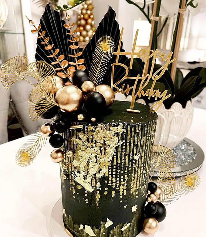Boho Cake Topper Black Gold Balls Cake Topper Gold Leaves Cake Decorations Prom Cake Decoration Roaring 20s Cake Decoration 1920s Party Supplies Balls Cake Decorations