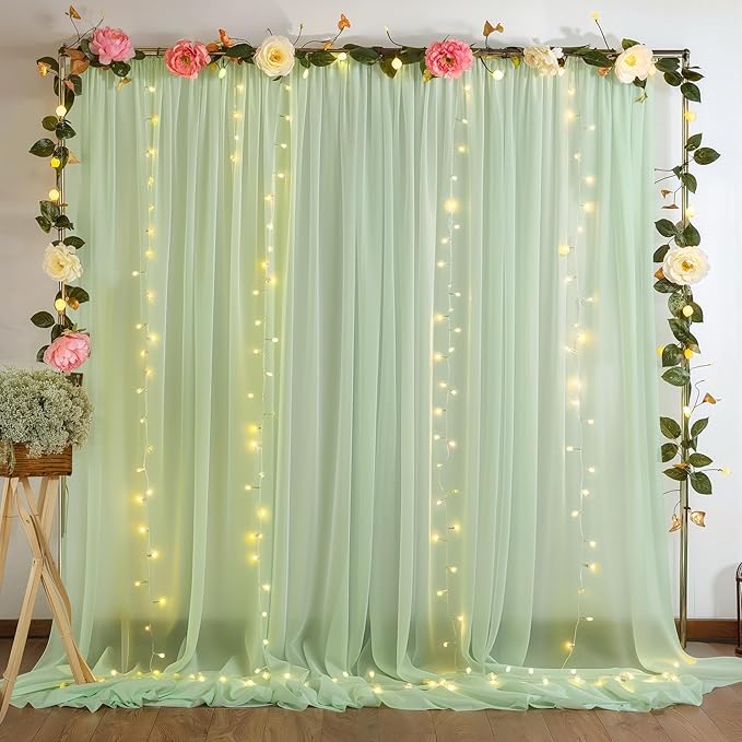 10ft x 10ft Sage Green Backdrop Curtains, Wrinkle-Free Sheer Chiffon Fabric Backdrop Drapes for Wedding Arch Party Ceremony Stage Photo Decoration