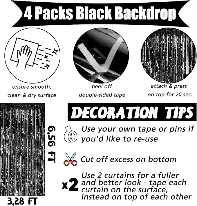 4 Pack Black Fringe Curtain Backdrop, 3.2Ft x 6.6Ft Metallic Tinsel Foil Fringe Streamers Background for Photo Booth Birthday Wedding Baby Shower Carnival Easter Mother’s Day Party Decorations