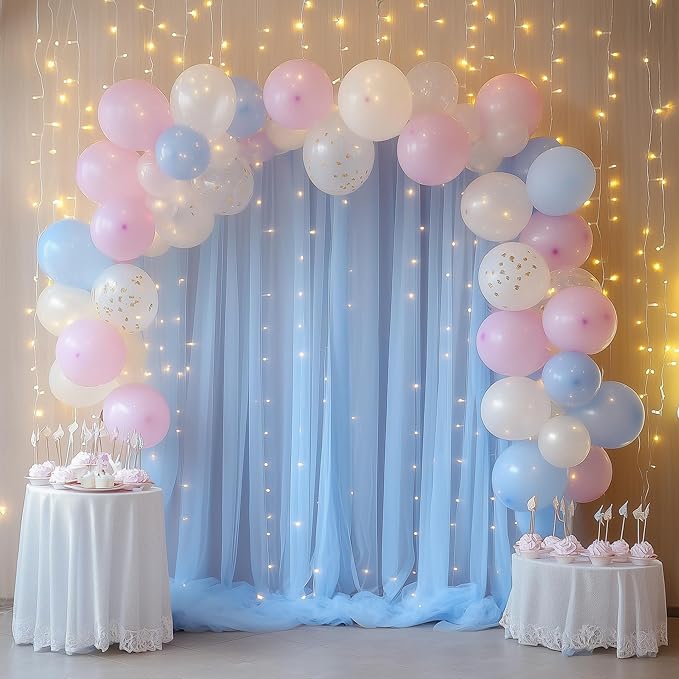 Fomcet Baby Blue Tulle Backdrop Curtains with Lights String 10FT X 8FT Sheer Curtain with Lights Tulle Curtains Backdrop for Wedding Birthday Party Photo Shoot (2 Panels 5x8FT)
