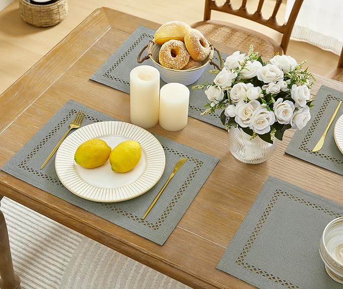 Burlap Placemats Set of 6, 12 x 18 Inch Rustic Geometric Hollow Place Mats, Heat Resistant Placemats for Farmhouse Kitchen Table Decor, Grey 6PCS