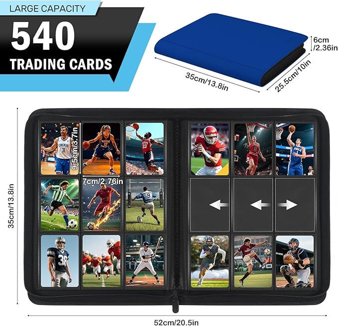 9 Pocket Trading Card Zip Binder, 30 Pack Side-Loading Card Album, Ringless Card Binder with Premium Textured Faux Leather Cover, 540 Cards Folder for Collectible Game, MTG, TCG, Sports Cards, Blue