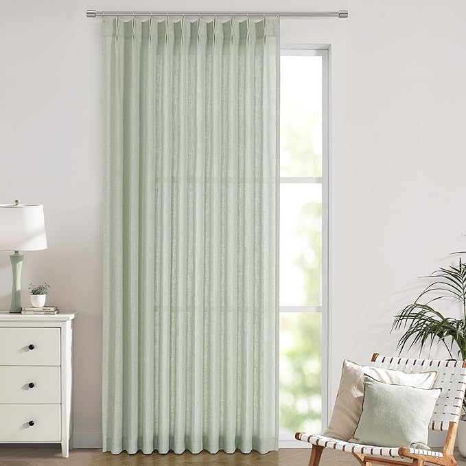 Vision Home Soft Green Pinch Pleated Semi Sheer Curtains Textured Linen Blended Light Filtering Window Curtains 102 inch for Living Room Bedroom Patio Pinch Pleat Drapes with Hooks 1 Panel 60"Wx102"L