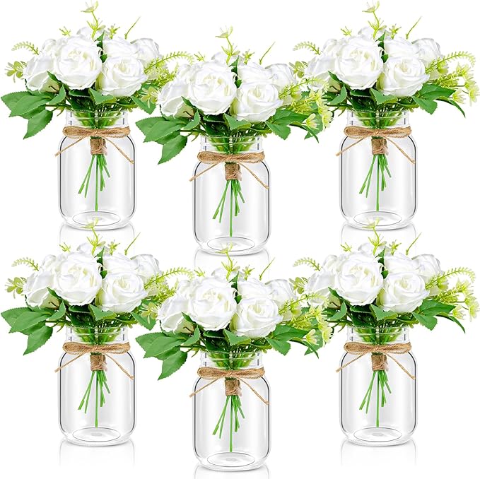 6 Set Centerpiece Table Decorations Mason Jar Table Centerpiece with Flower Mason Jar Wedding Centerpieces Vases Decor for Reception Engagement Party Bridal Shower (White Rose)