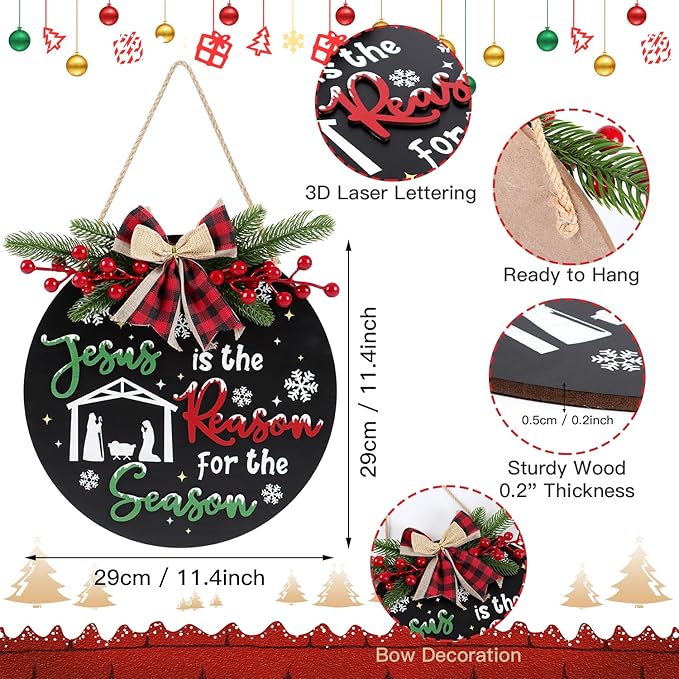 CHDITB Jesus is The Reason for The Season Front Door Sign Wreath(11.4"), Red Green Christmas Decoration Wall Hanging with Snowflakes Bow Berries, Wooden 3D Farmhouse Xmas Decor for Porch Indoor