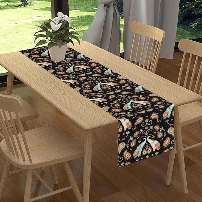 Boho Table Runner, Indian Bohemian Elephant Mandala Paisley Floral Hippie Art Print Table Center Decor for Home Kitchen Dining Patio Holiday Party Indoor Outdoor Table Decorations, 13"x72" Inch