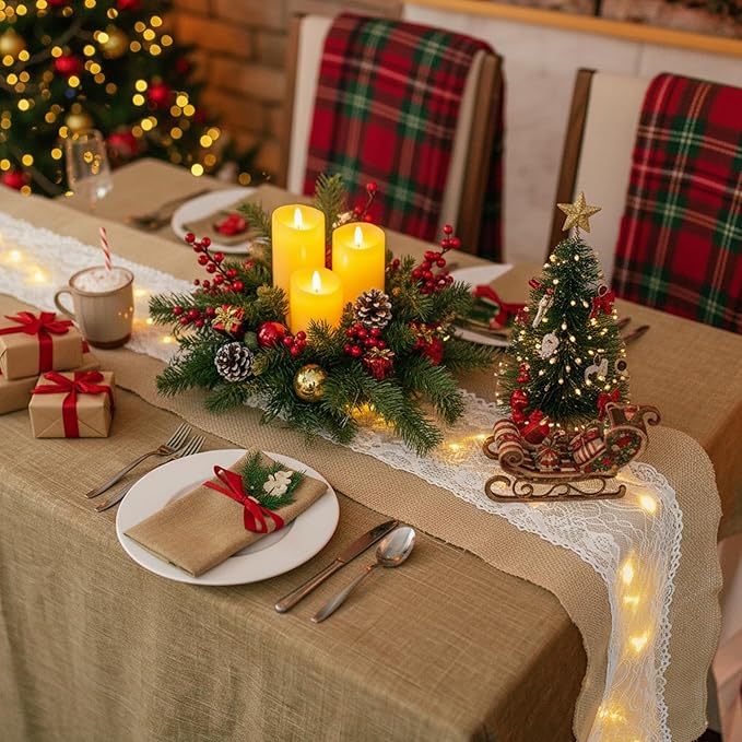 Xinnun 6 Pack Burlap Table Runner with LED String Lights, Modern Rustic Lace Natural Vintage Boho Jute Wedding Table Decor for Farmhouse Thanksgiving Christmas(Thanksgiving Harvest Style,12x70 Inches)
