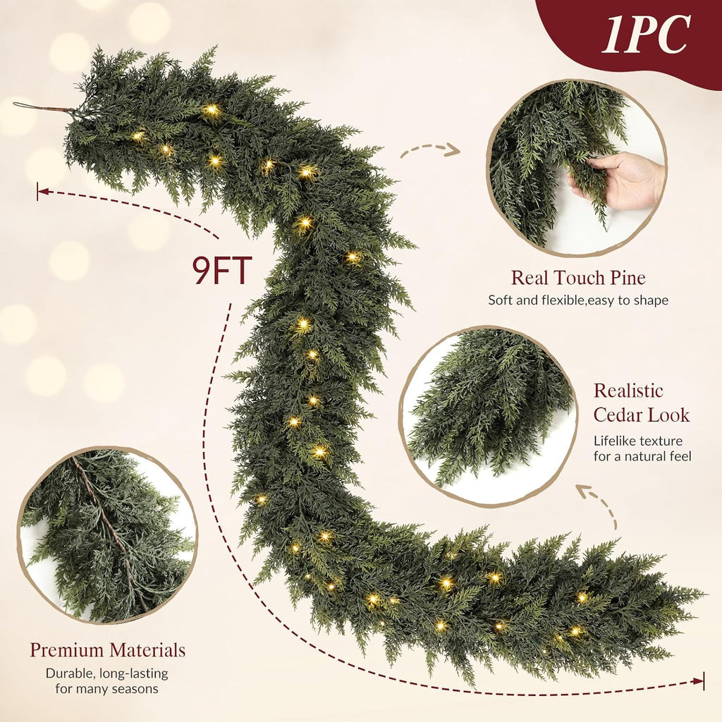 9ft pre-lit cedar christmas garland with lights, real, side view
