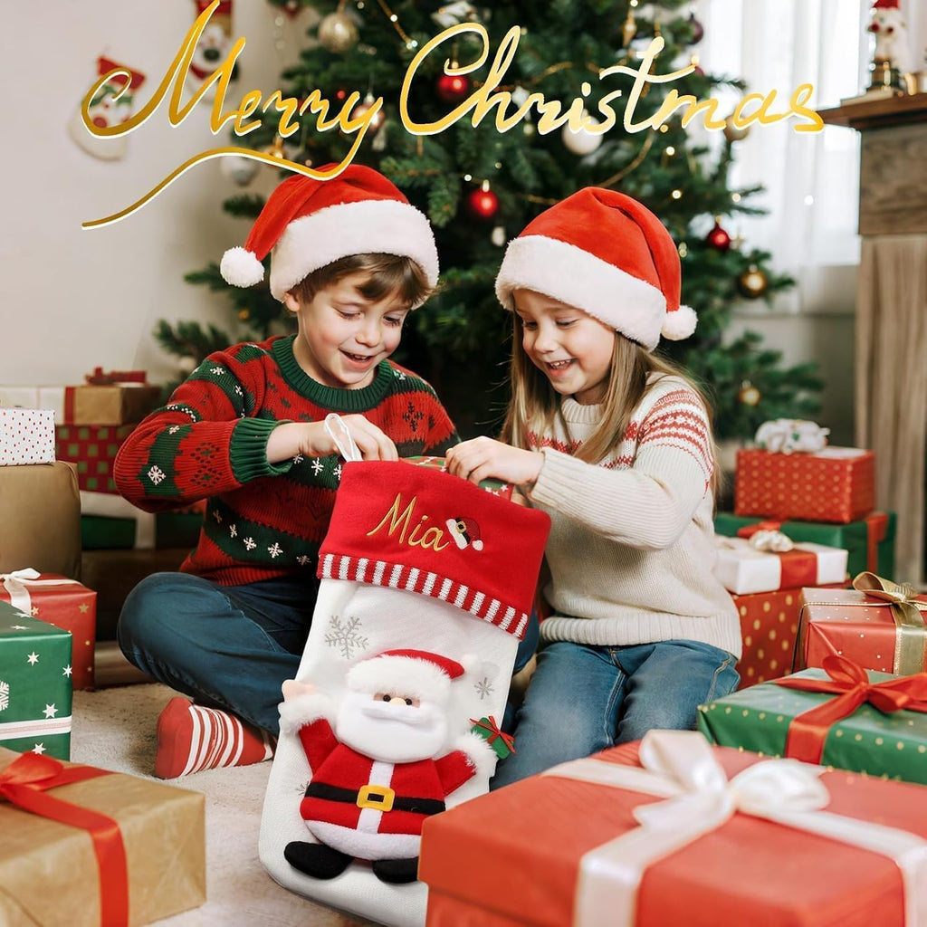 Personalized Christmas Stockings with Embroidered Name & Monogram,Custom 3D Xmas Character Stocking 1 Pack 18” Large,Santa,Snowman & Reindeer Fireplace Hanging Red Burlap Plaid Stockings(A)