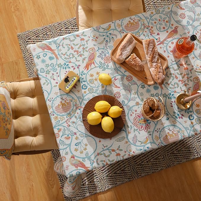 patdrea Designer Small French Rectangular Tablecloth,Vintage Yellow Floral Birds Pattern Linen Colorful Table Cloth,Decor Cover for Kitchen Dining Banquet,Christmas,Thanksgiving,55"x71"-Magnolia