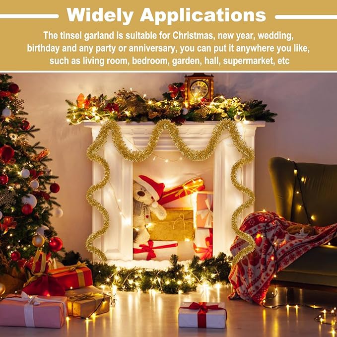 25 Feet Christmas Tinsel Garland, Metallic Twist Wall Hanging Backdrop for Parade Floats, Christmas Eve, New Year, Valentine's Day Party Decorations (Champagne Gold, 4in x 25ft)