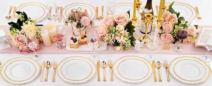 Hioasis 60pcs Gold Plastic Plates - White and Gold Disposable Dinnerware with Gold Rim, Heavy-duty, 7.5 inch, Dessert Plates for Party & Thanksgiving