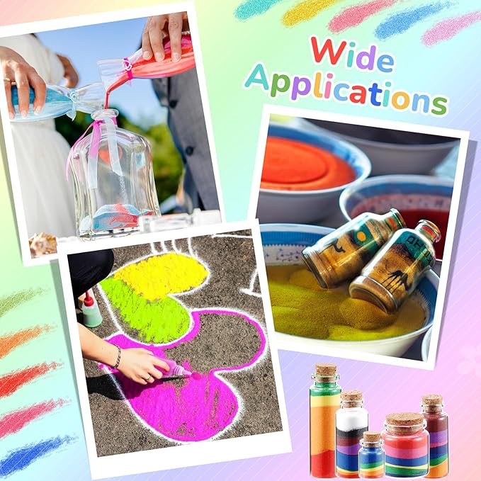 Wettarn 180 Pcs 1.25 oz Sand Art Bottle Kits 60 Colors of Sand and Bottle for Rangoli Art Painting DIY Drawing Favor Diwali Wedding Decoration Vase Glass Crafty Collection (Multicolor)