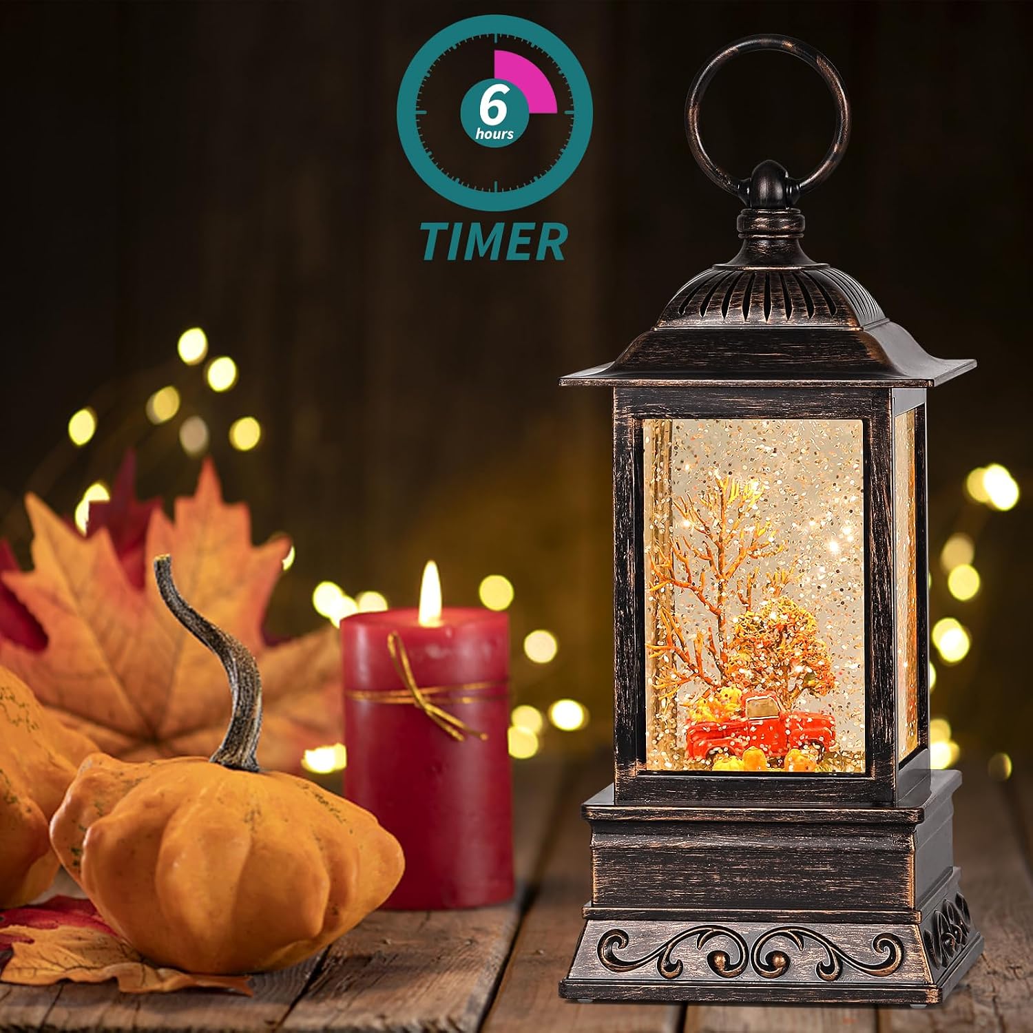 Fall Snow Globe Decorations, Glitter Red Truck Lantern with 6H Timer, USB/Battery Powered Lighted Décor for Home, Tabletop, Gift Box