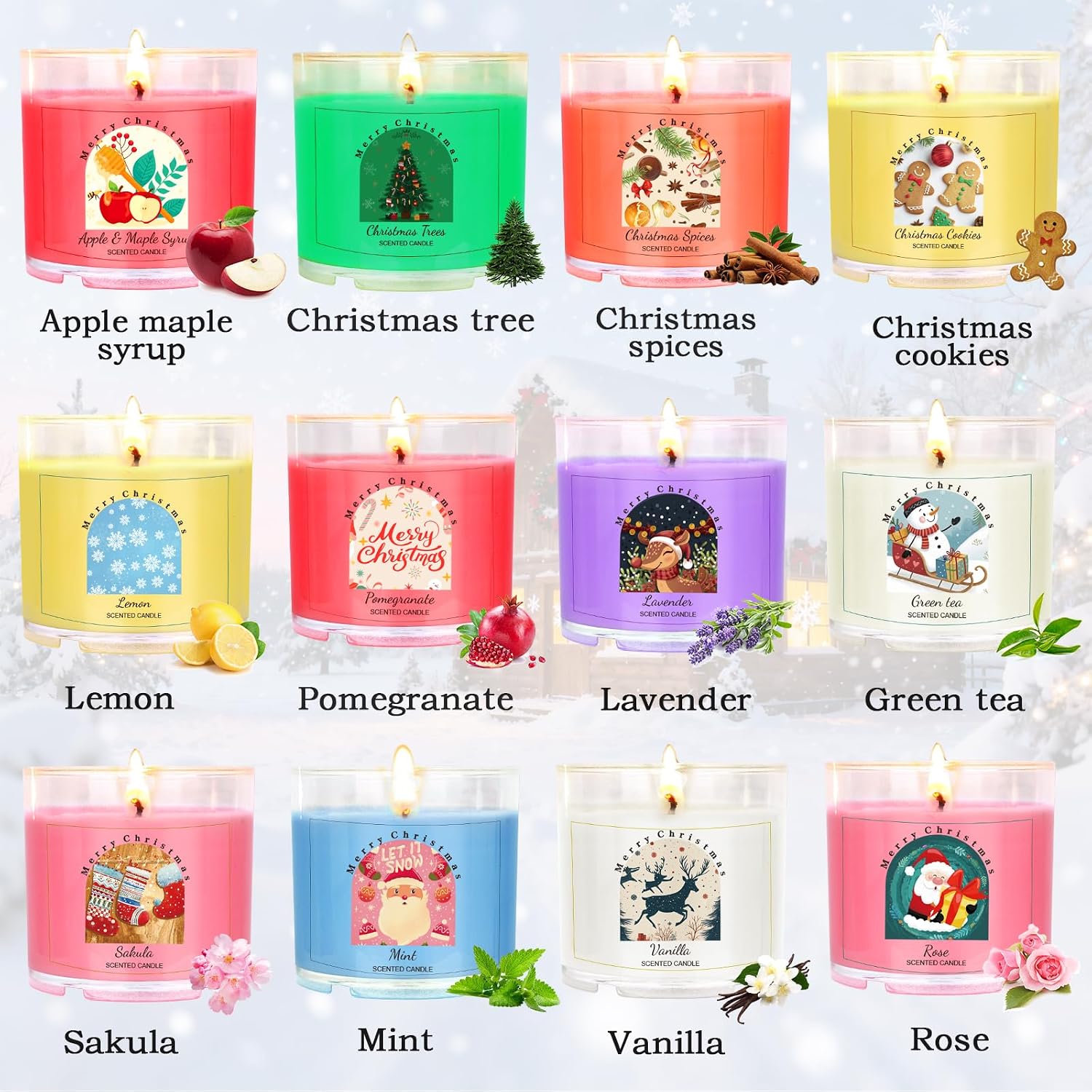 Christmas Candles for Women 12 Pack Candles for Home Scented Winter Holiday 240Hours Small Natural Soy Wax Candle Bulk Mini Candle Gift Set for Men Women Holiday Christmas New Year Winter Décor