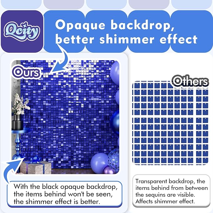 Qcity Blue Shimmer Wall Backdrop 30PCS, Black Back Not See-Through Design, Square Sequin Glitter Backdrop Panel, Perfect for Outdoor Events, Birthdays, Wedding and Party Decoration