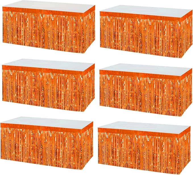 6 Pack 29x108 Inch Orange Metallic Foil Fringe Tinsel Table Skirts Banner for Rectangle Tables Streamer Garland Curtains Backdrop for Wedding, Birthday, Parade Floats, Christmas Party Decoration