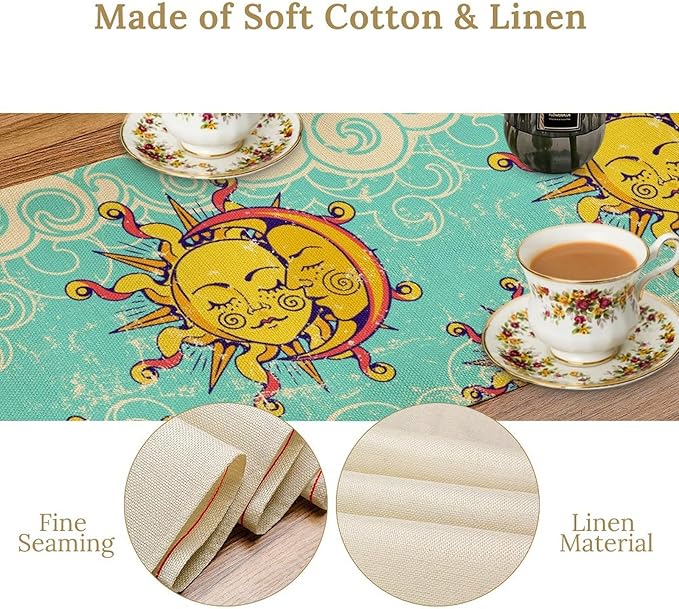 Retro Sun Moon Table Runner, Phase of The Moon Vintage Cloud Table Runner for Kitchen Dinner Living Room Table Runner Yellow Floral, 13x70 Inch Yellow Blue
