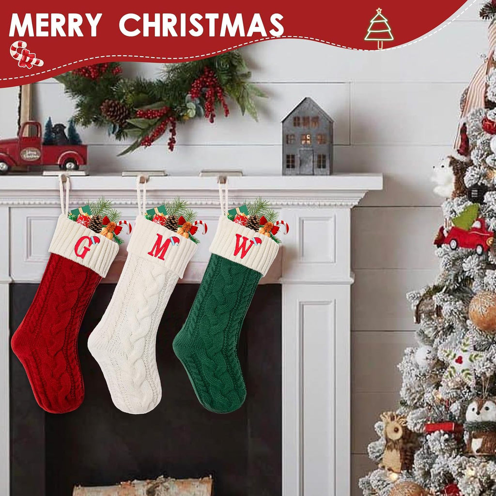 Christmas Stockings with Initials, Personalized Embroidered Monogram 18 Inches Knitted Christmas Stockings Fireplace Xmas Stockings for Kids,Family Holiday Party Decoration White Red Letter C