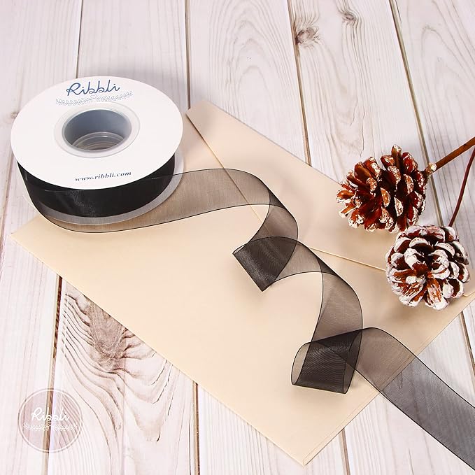 Ribbli Black Sheer Organza Ribbon,1 Inches x Continuous 50 Yard Use for Gift Wrapping,Bouquet Wrapping,Wedding Decoration,All Crafting and Sewing
