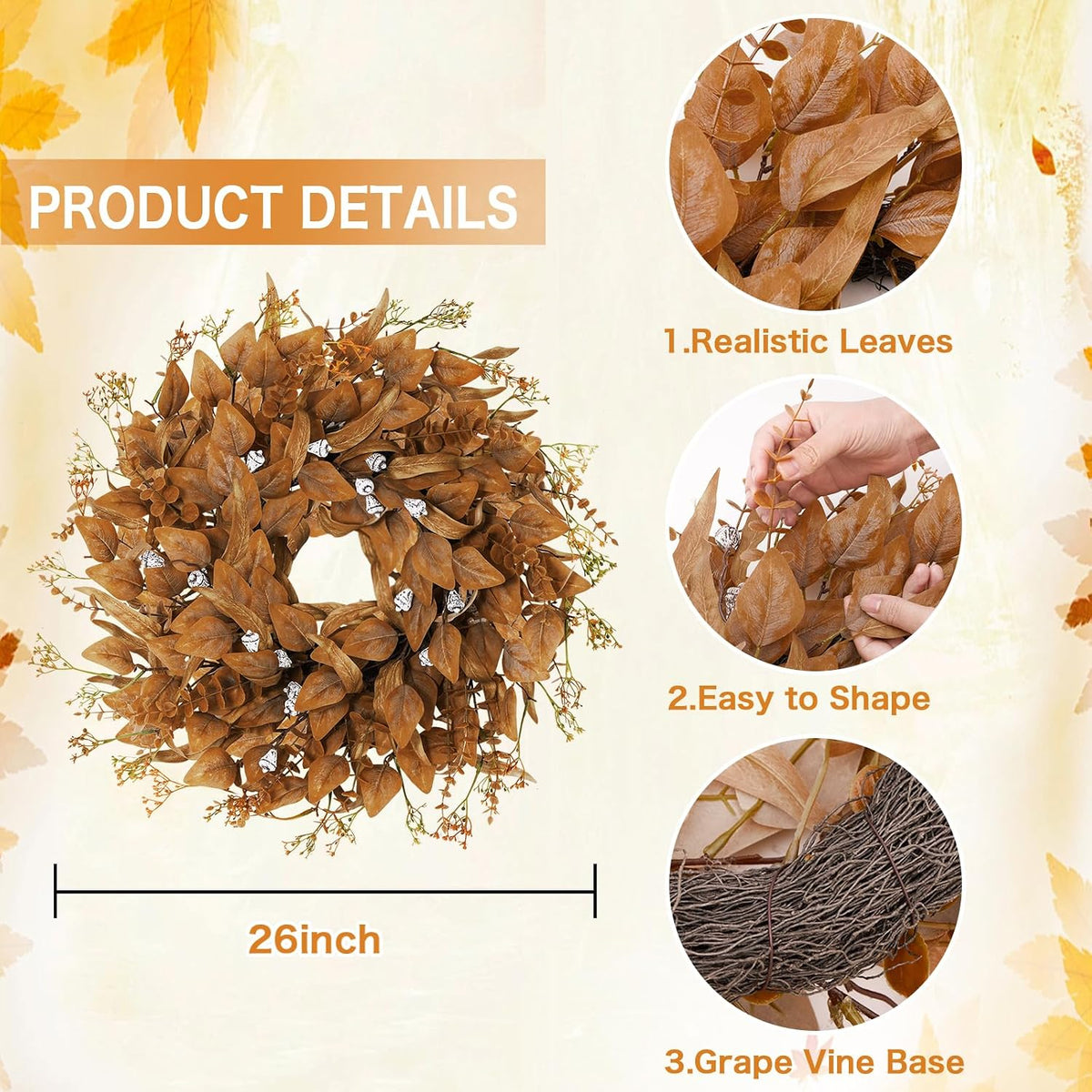 26 Inch Fall Wreath for Front Door, Artificial Eucalyptus Porch Decor (26in)
