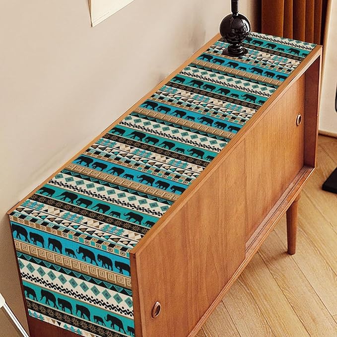Boho Table Runner, Rustic Aztec Blue Teal African Elephant Tribal Ethnic Native Farmhouse Table Center Decor for Home Kitchen Dining Patio Holiday Party Indoor Outdoor Table Decorations, 13"x72" Inch
